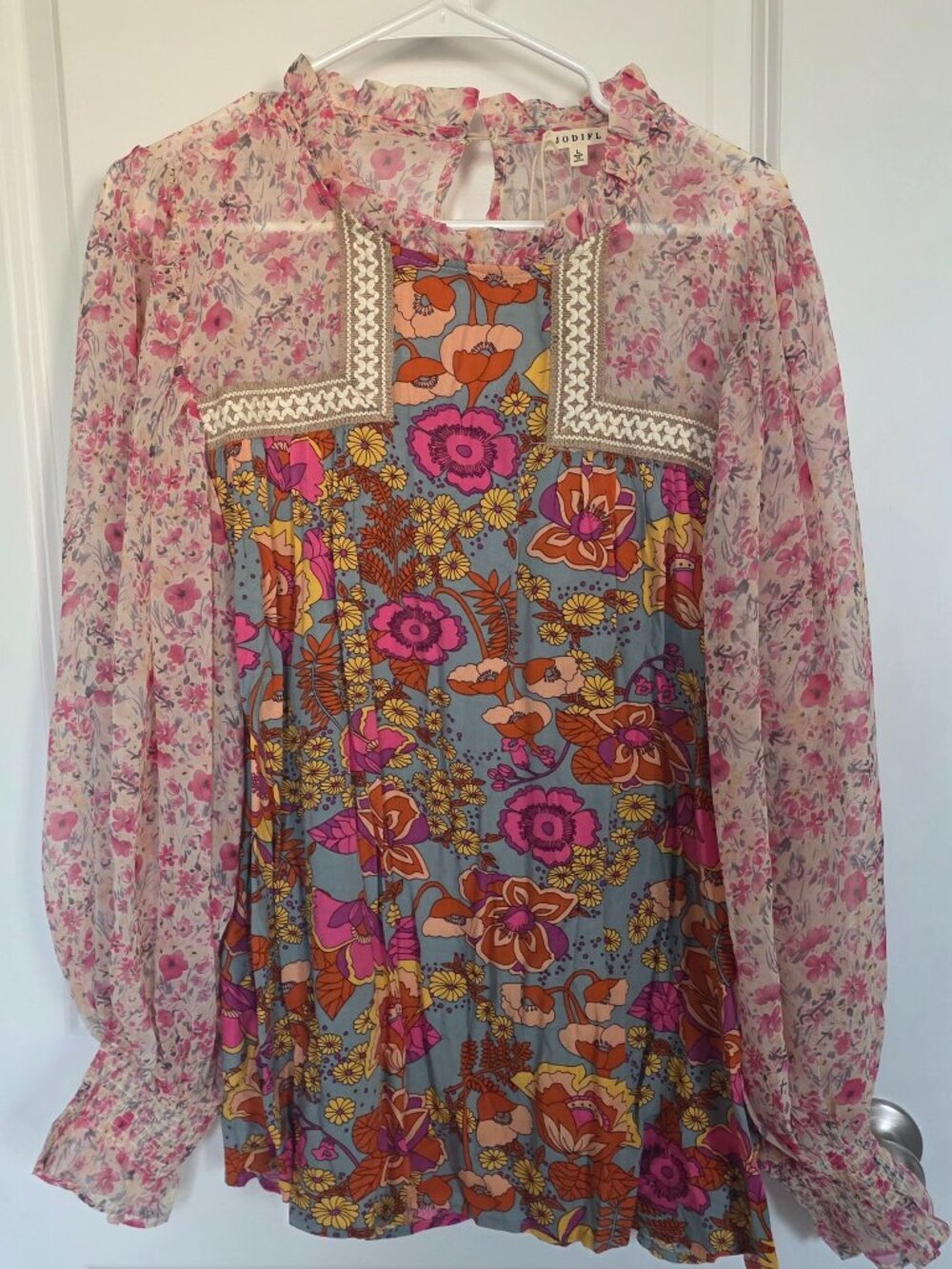 Pink 70's Inspired Long Sleeve Blouse - Size Large